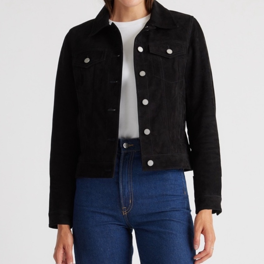 NWT Quince 100% Leather Suede Cropped Trucker Jacket Black Size M